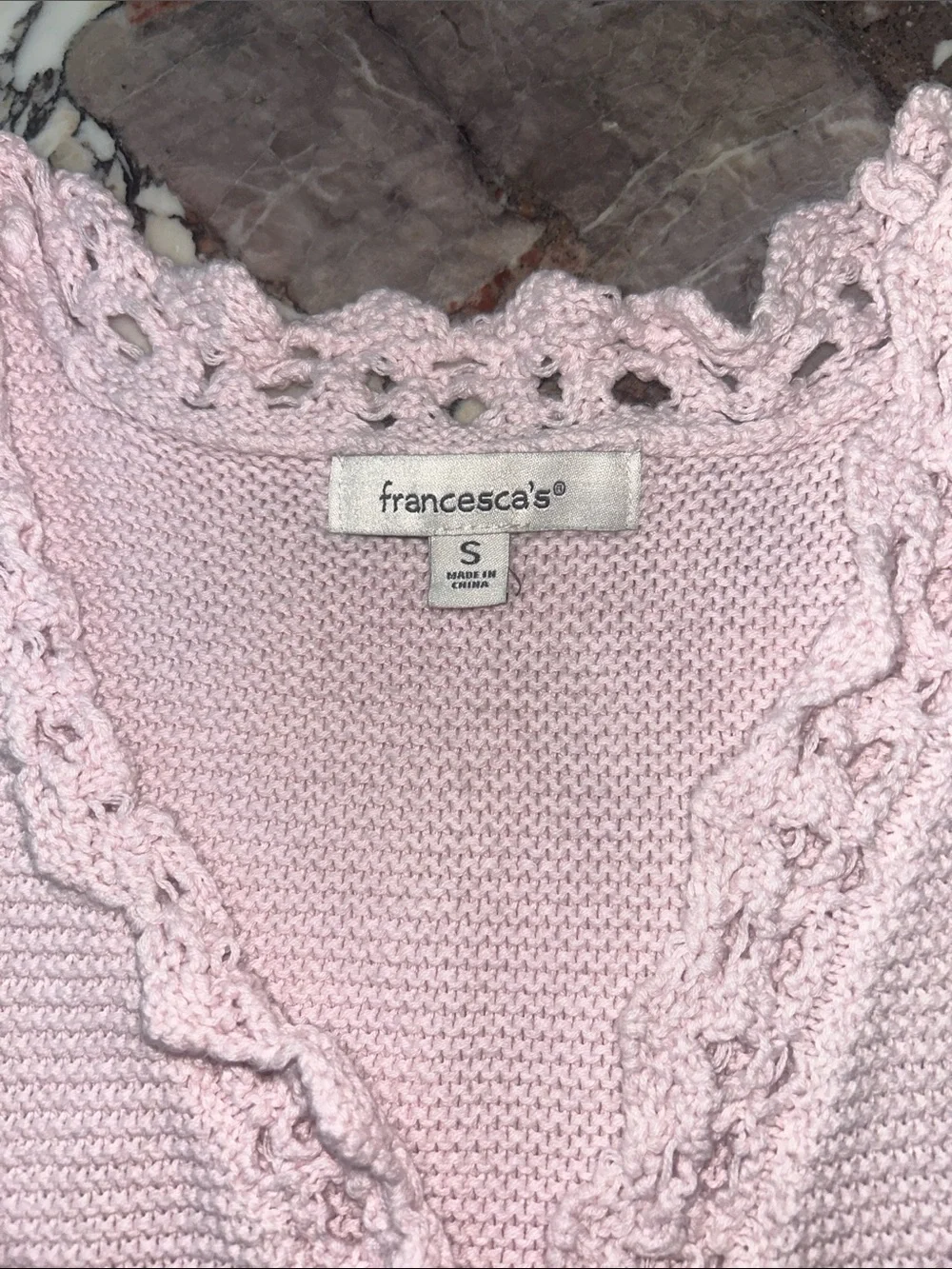 Francesca's Collections Pale Pink Crochet-Trim Button Knit Crop Vest fits 12-13y
